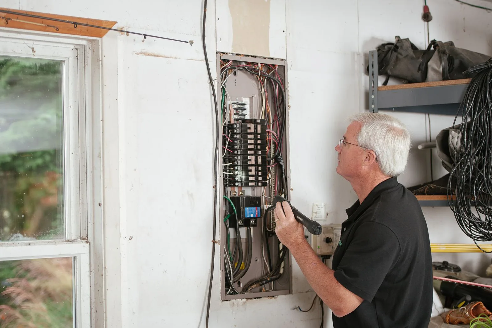 Electrician inspecting a home breaker panel with a flashlight
